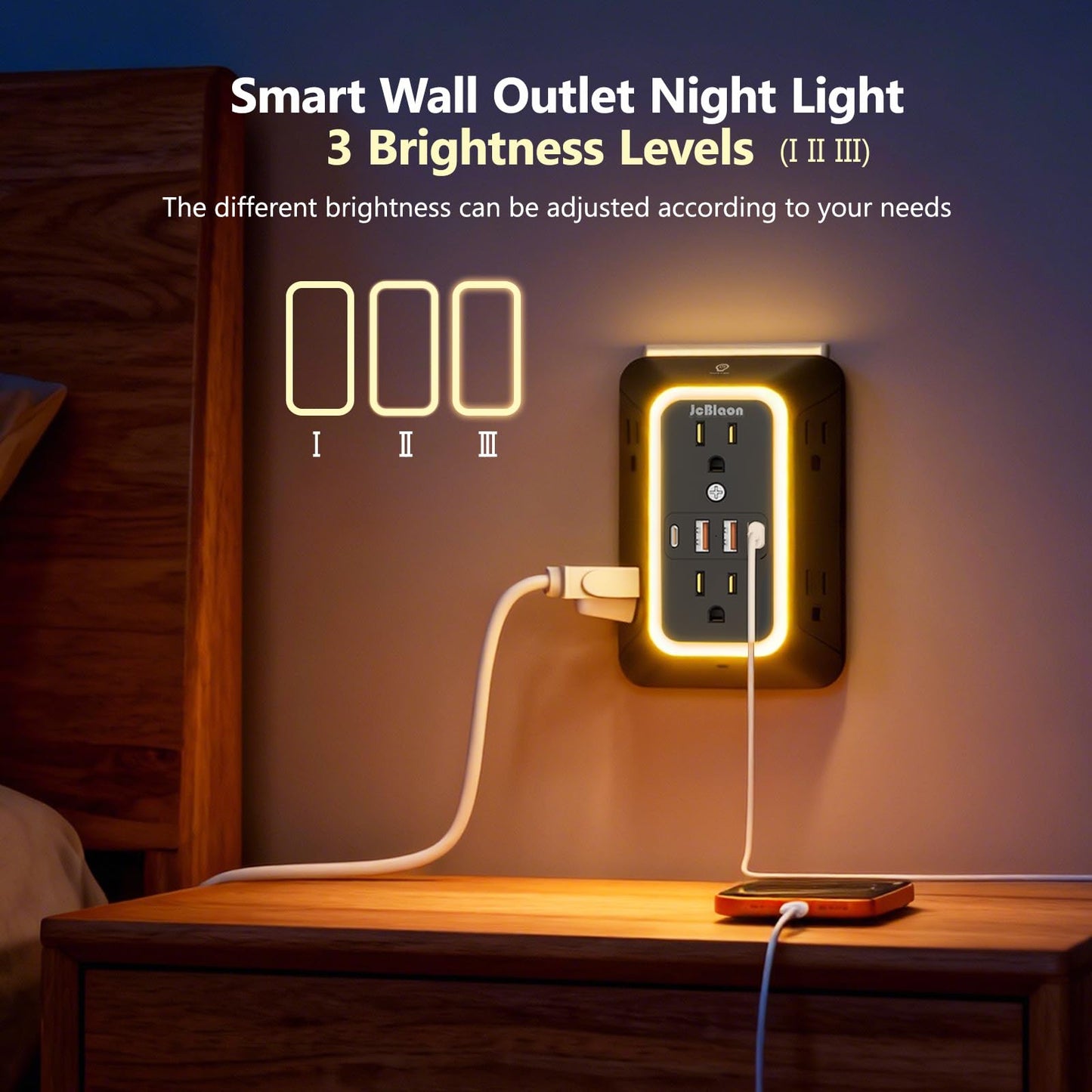 Wall Outlet Extender with Night Light, Power Plug Adapter 6 Outlet Extender with 4 USB Charging Ports（2 USB C）,1050J Power Strip Multi Plug Adapter Spaced for Home Office Travel-Black