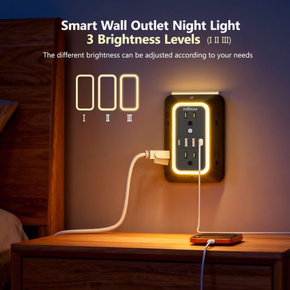 Wall Outlet Extender with Night Light, Power Plug Adapter 6 Outlet Extender with 4 USB Charging Ports（2 USB C）,1050J Power Strip Multi Plug Adapter Spaced for Home Office Travel-Black