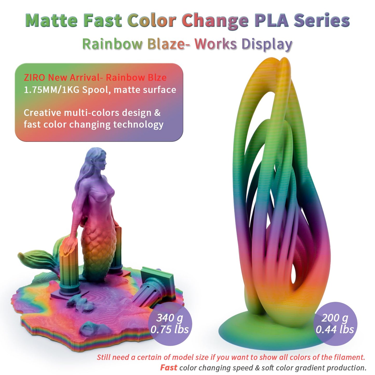 ZIRO 3D Printer Filament PLA, Fast Color Changing Filament(Matte), Color Change by Length PLA, Fit Most FDM 3D Printers, Matte Finish 1KG/ 2.2lbs Spool, Rainbow Blaze
