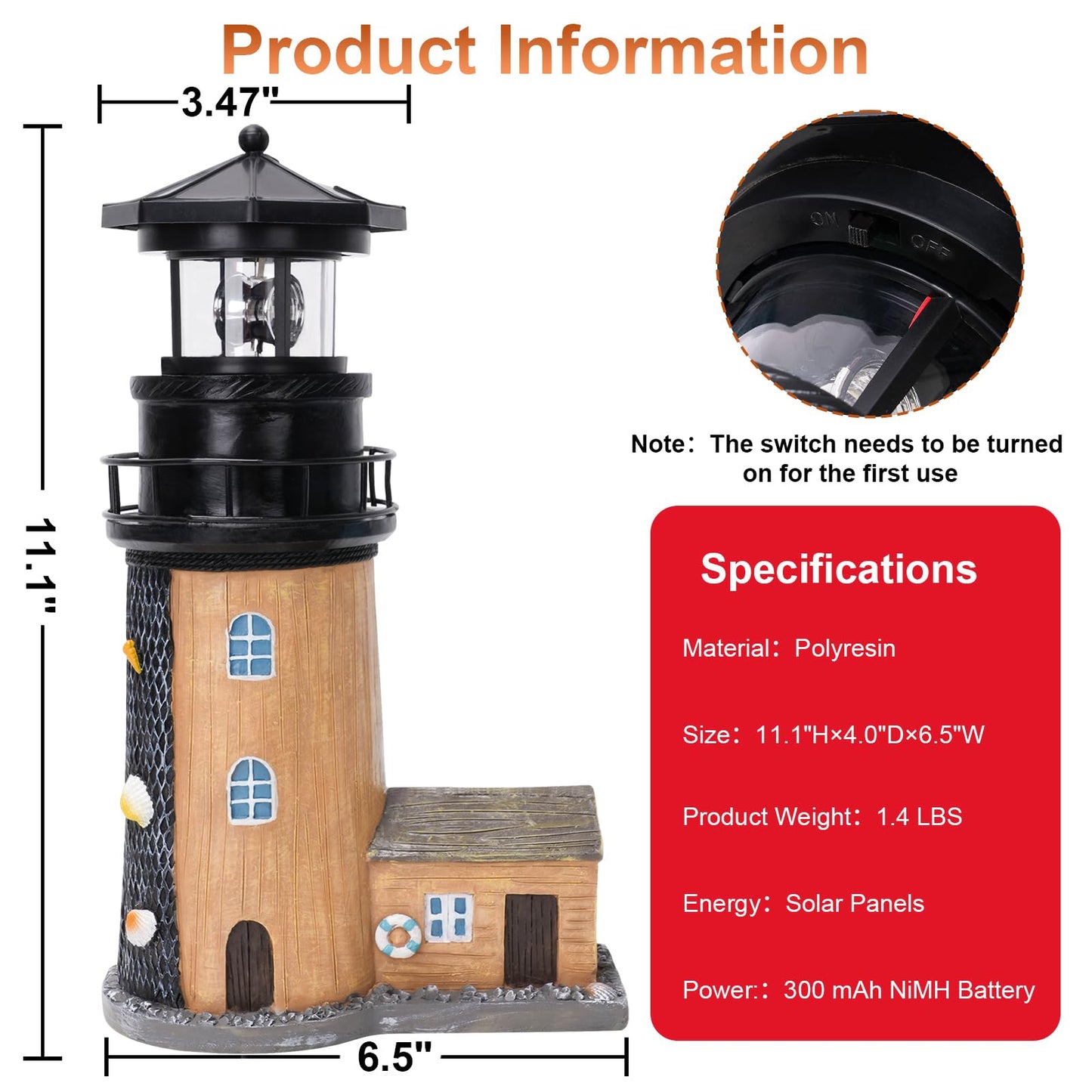 Solar Lighthouse with Rotating Beacon, 30CM Outdoor Lighthouse Garden Decor, Waterproof Statue Light House Lamp for Yard, Lawn, Patio Gifts