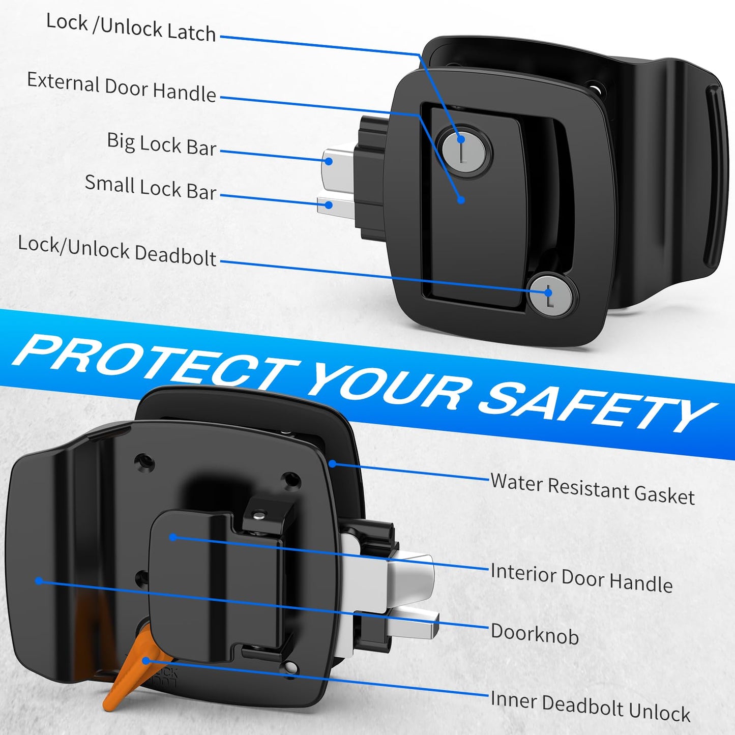 RV Door Lock Replacement, Upgraded Lighter RV Door Latch with Paddle Deadbolt & 4 Keys, 100% Metal Camper Door Locks, Aluminum Alloy RV Entry Door Lock for Travel Trailers Cargo Hauler, Black