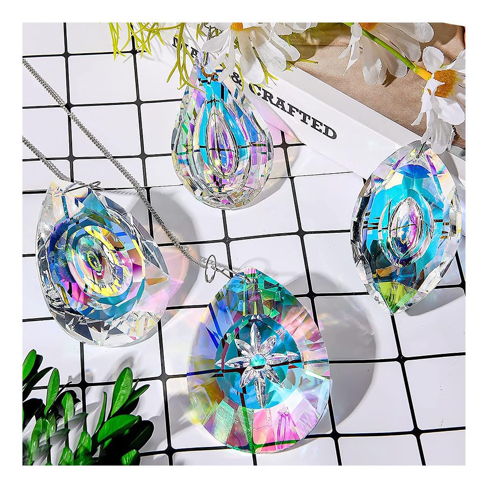 4pcs Hanging Crystals Suncatcher Prism 80mm Window Hanging Sun Catchers AB Colored Coating Rainbow Maker Glass Prisms Pendant with Chain (Rainbow)