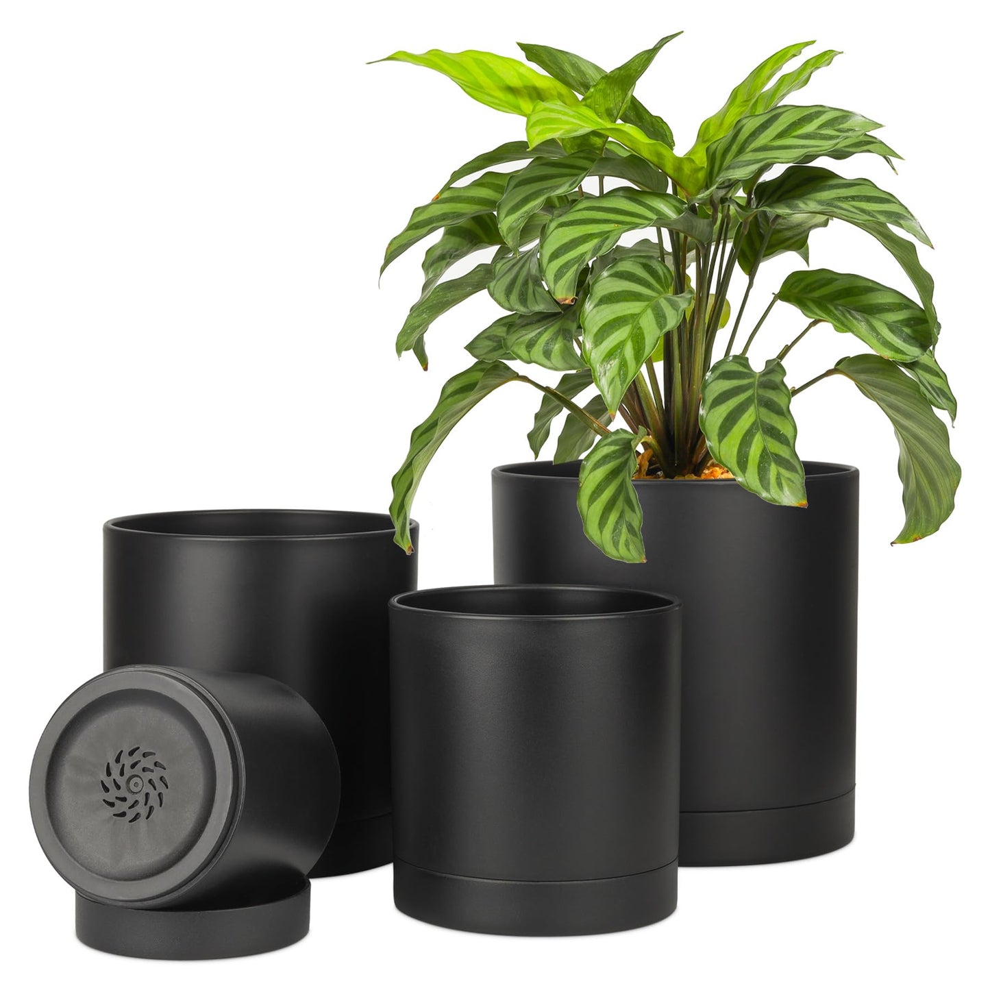 T4U 7/6/5/4 Inch Plastic Plant Pots with Saucer 4-Pack, Flower Planter Pot with Drainage Hole Black, Nursery Planting Pot for Snake Plant, African Violet and House Plants