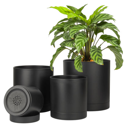T4U 7/6/5/4 Inch Plastic Plant Pots with Saucer 4-Pack, Flower Planter Pot with Drainage Hole Black, Nursery Planting Pot for Snake Plant, African Violet and House Plants