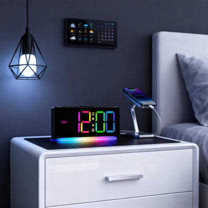 YUNJAYI Kids Alarm Clock for Bedroom, Dynamic RGB LED Digital Clock Large Display with 7 Color Night Lights, Dual Alarm Clocks Bedside, Snooze, 4 Levels Brightness, 3 Volume, 12/24H, Power-Off Memory
