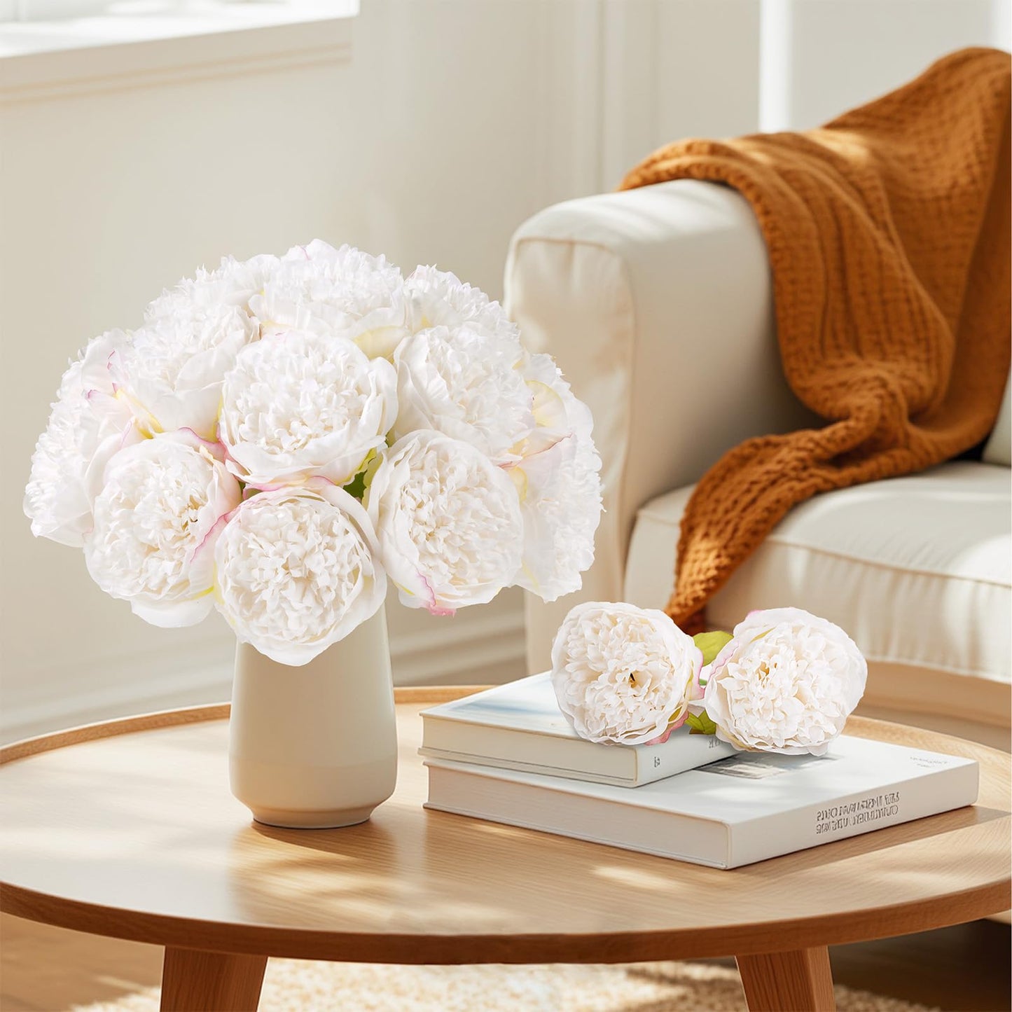U'Artlines 2 Bouquet 10Heads Artificial Peony Silk Flower Leaf Home Office Wedding Party Festival Bar Decor (White)