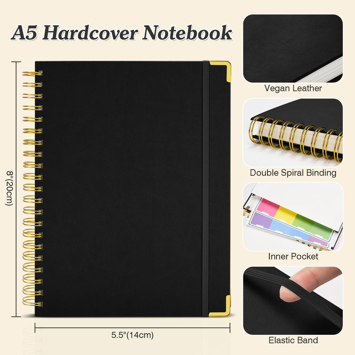 Dotted Journal Spiral Notebook, 300 Pages Leather Notebooks with Contens, 120 GSM Thick No Bleed Through Paper Journals, A5 Dot Grid Notebook for Women Men School Work Writing, 5.5" x 8", Black