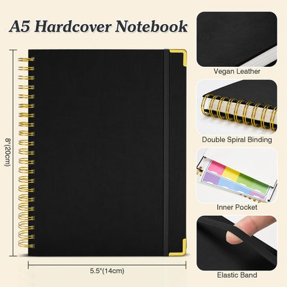 Dotted Journal Spiral Notebook, 300 Pages Leather Notebooks with Contens, 120 GSM Thick No Bleed Through Paper Journals, A5 Dot Grid Notebook for Women Men School Work Writing, 5.5" x 8", Black