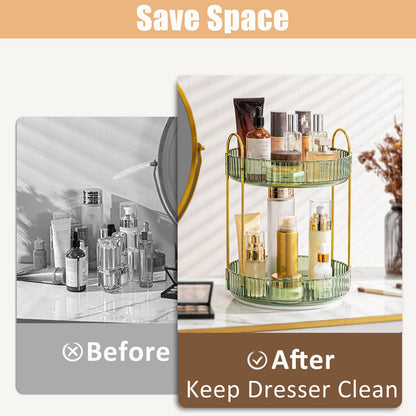 Rotating Makeup Organizer, 2 Tier Large Capacity Perfume Organizer, Cosmetic Organizer for Vanity Bathroom Bedroom, Green