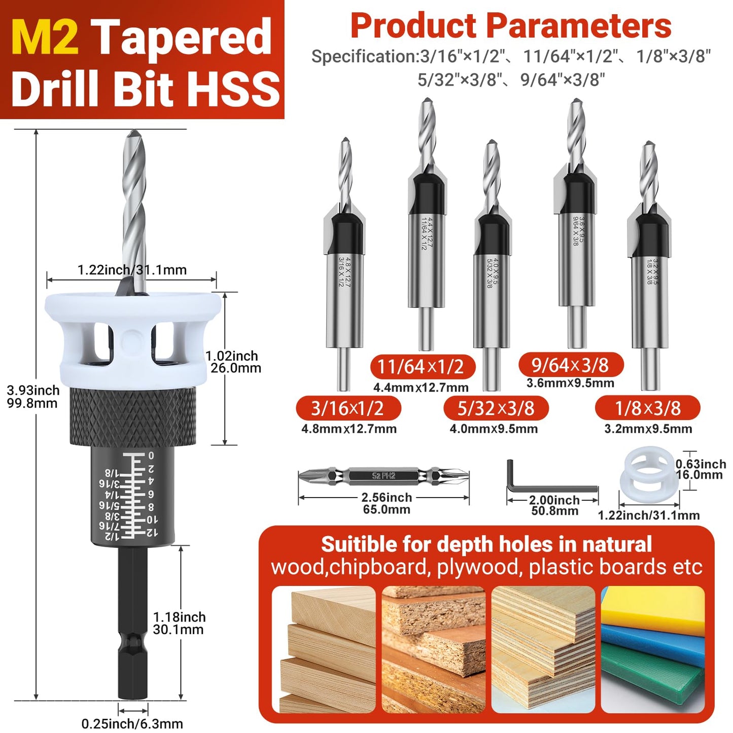 Preciva 5 Pcs Countersink Drill Bits Set, M2 HSS Tapered Drill Bits(1/8"、9/64"、5/32"、11/64"、3/16" with 2 Depth Stops & Hex Shank - for Wood, Plywood, MDF, Plastic & Drywall