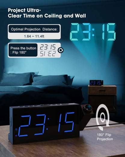 Projection Alarm Clock with USB Charging, 180° Rotating Projector (Up to 11ft), Dual Alarms, 5-Level Dimmer, 12/24H, DST, Snooze Function - Ideal for Heavy Sleepers, Seniors & Kids