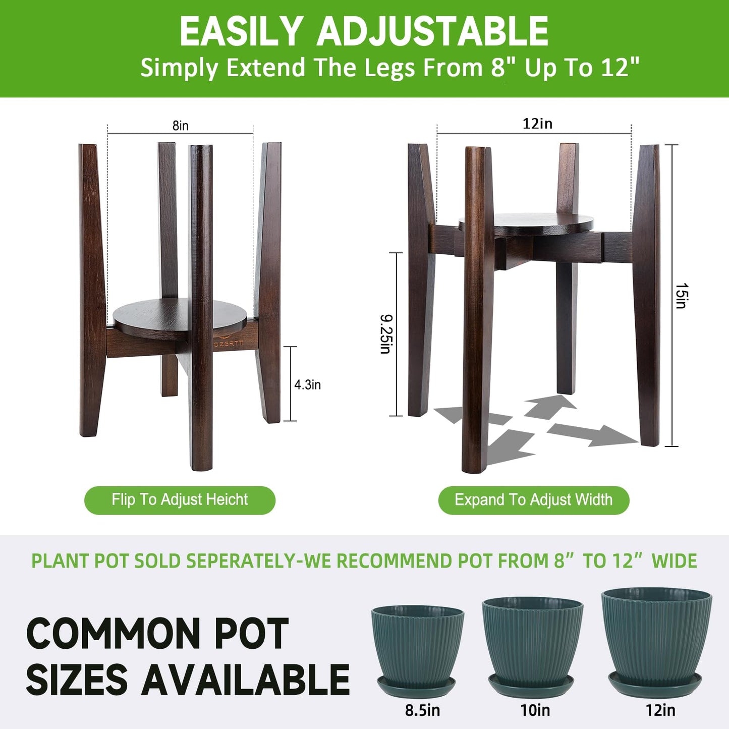Adjustable Plant Stand with Tray,Indoor Wood Plant Stand Fit 8'' to 12'' Planter,Mid Century Modern Flower Pot Holder Rack(Plant and Pot Not Included),Walnut