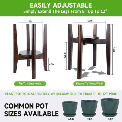 Adjustable Plant Stand with Tray,Indoor Wood Plant Stand Fit 8'' to 12'' Planter,Mid Century Modern Flower Pot Holder Rack(Plant and Pot Not Included),Walnut