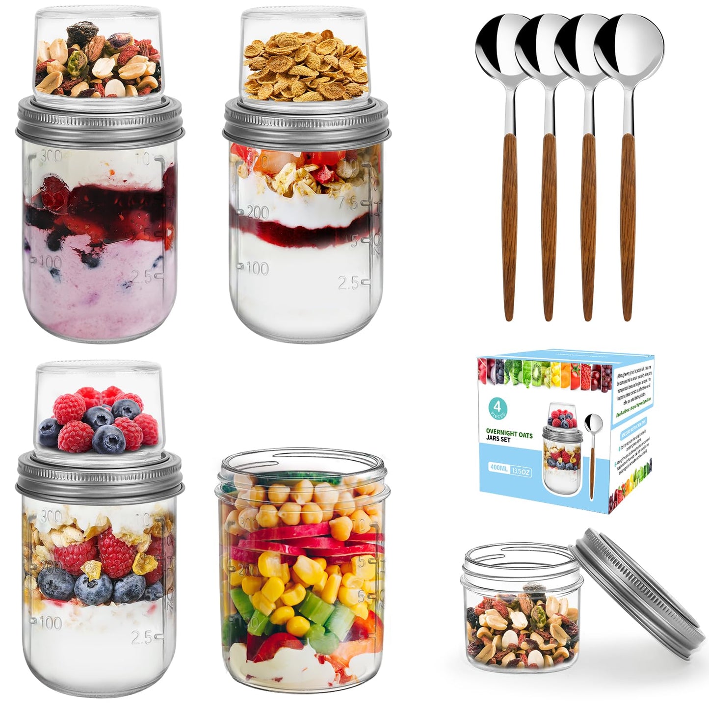 shopwithgreen Overnight Oats Jars with Lids（16oz+4oz 4 Pcs）Dual-Laryer Chia Pudding Jar with Dry and Wet Separation, Yogurt Parfait Contianer for Oatmeal Cereal Nut Fruit, Glass Meal Prep Jars