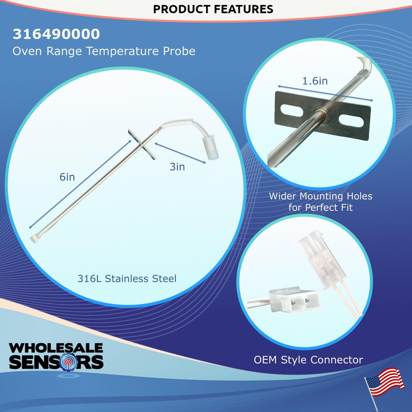 Wholesale Sensors Replacement for Frigidaire 316490000 Oven Probe Temperature Sensor 12 Month Warranty