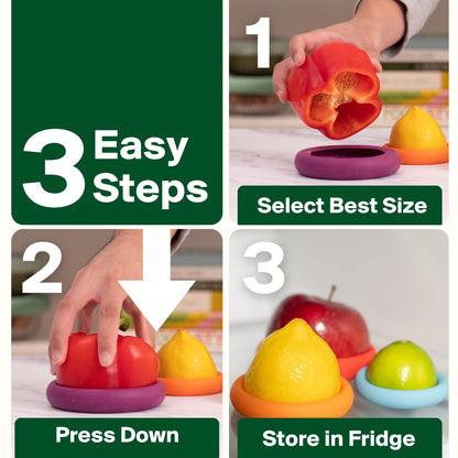 Food Huggers 5pc Reusable Silicone Food Savers | BPA Free & Dishwasher Safe | Fruit & Vegetable Produce Storage for Onion, Tomato, Lemon, Banana, Cans & More | 5 Pack Round, Fresh Greens