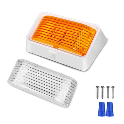 ShinePick LED RV Porch Light 12V Super Bright RV Exterior Lights with ON/Off Switch, Lighting for RVs, Trailers, Campers,White Base, Clear and Amber Removable Lenses(2 Pack)