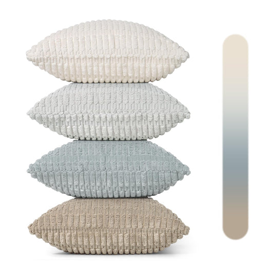 UXORSN Pack of 4 Decorative Throw Pillow Covers 18x18 Inch Soft Plush Corduroy Striped Square Pillowcases Blue Beige Coffee Gray Fluffy Cushion Cases Boho Decor for Farmhouse Living Room Bed Sofa