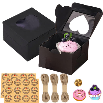 Gbateri 50 PCS Small Bakery Boxes with Window 4x4x2.5 Inch - Mini Cake Boxes- 4 Inch Cookie Pastry Boxes - Small Treat Box - Dessert Box for Cupcakes Donuts Strawberries Muffins (Black)