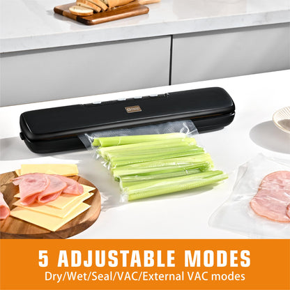 Vacuum Sealer Machine, Kitchen in the Box Campact Food Sealer, Dry/Moist Food Modes&5 Temperature Settigs, One-touch Sealer Machine with External Vacuum System, 15pcs Bags for Sous Vide, Black