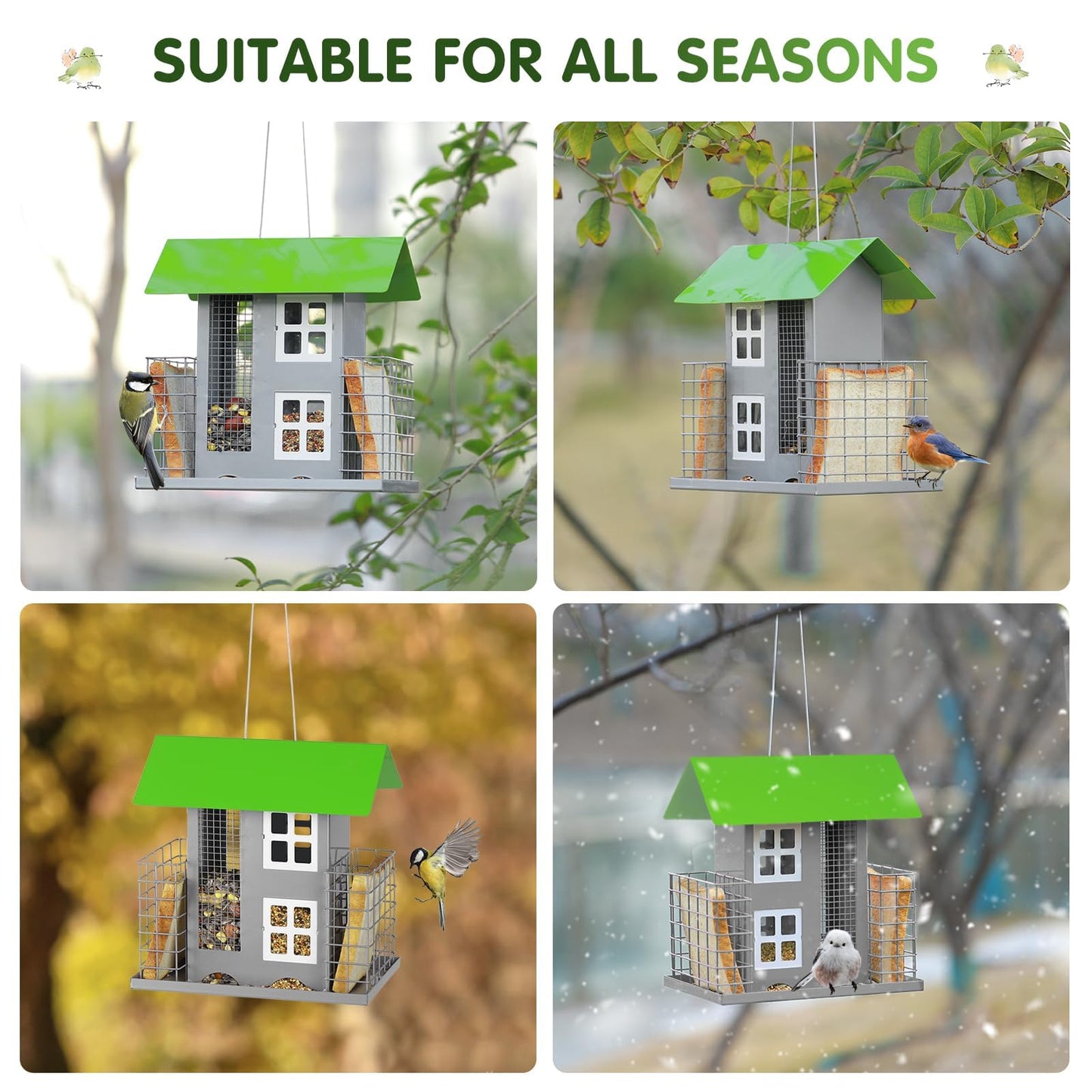 Bird Feeders for Outdoors Metal with 2 Suet Cage Cake Squirrel Proof Hanging Bird Feeder Large Capacity Wild Bird Feeder Easy Clean&Anti-Rust (Green)