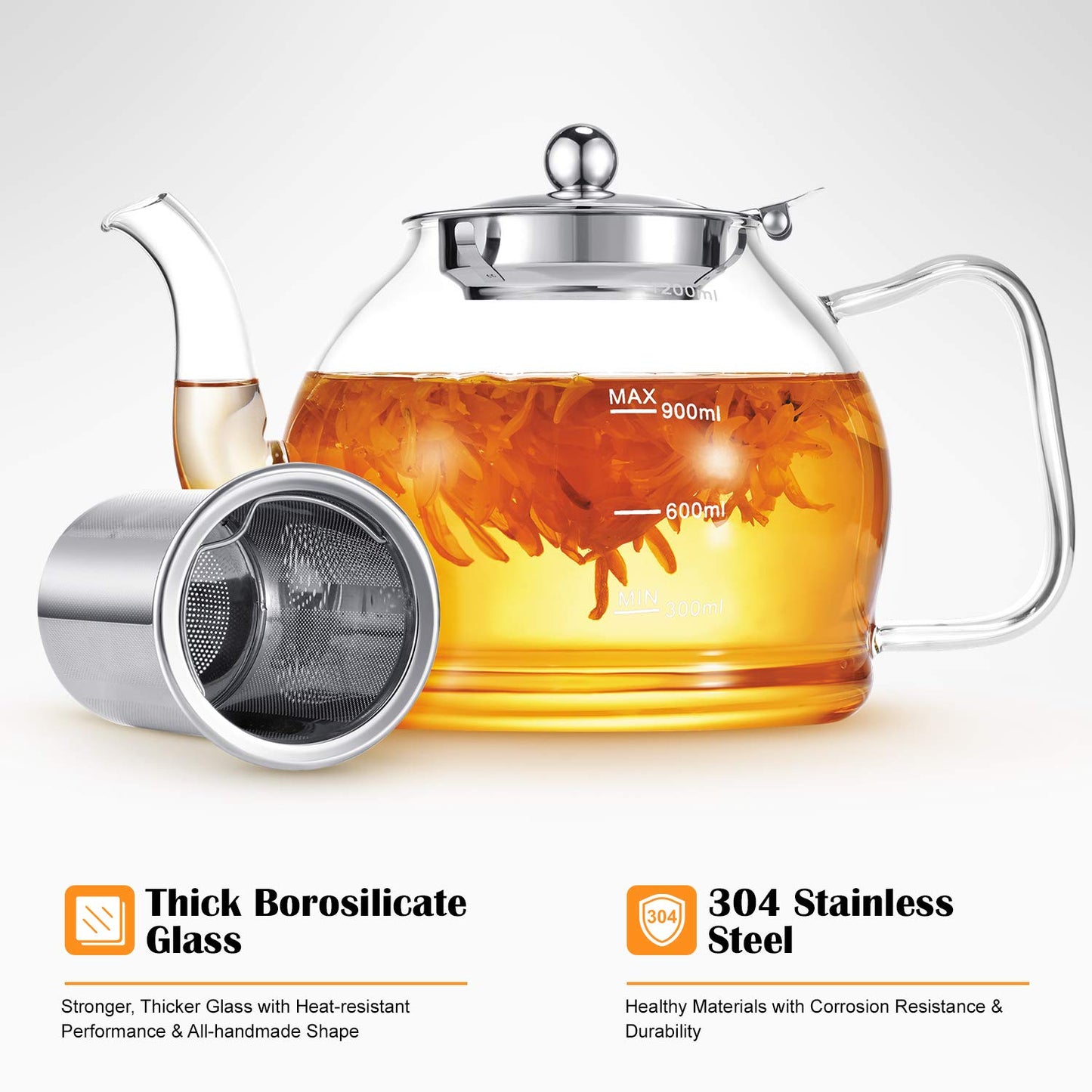 STNTUS Glass Teapot, 40oz/1200ml Tea Pots with Infuser for Loose Leaf, Borosilicate Glass & Removable Stainless Steel Strainer Tea Pot for 4-6 Cups Maker, Mothers Day Gifts
