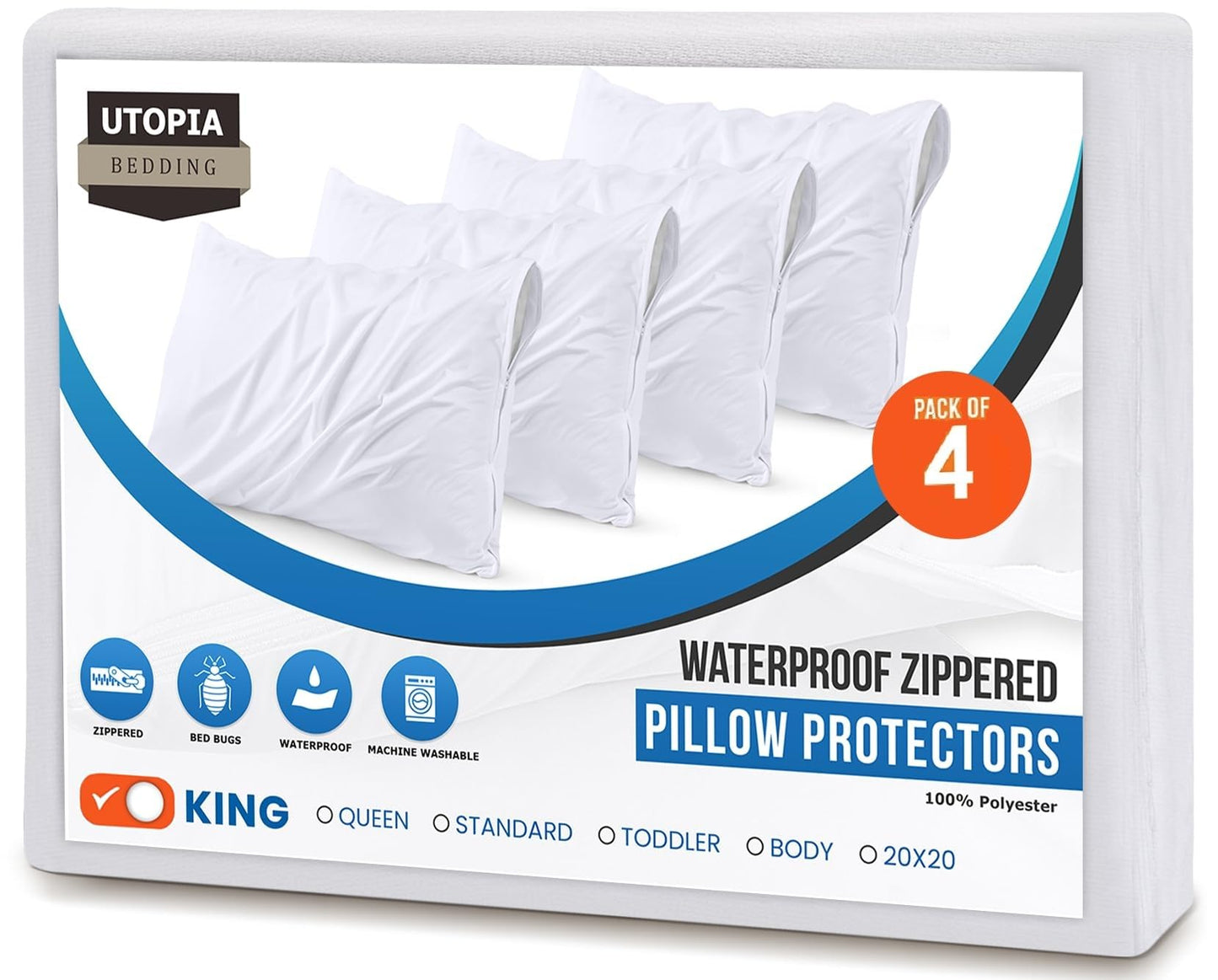 Utopia Bedding Set of 4 Waterproof Pillow Protectors with Zipper King Size (White), Ultra Soft Pillow Covers, Bed Bug and Dust Mite Proof Pillow Encasements, Moisture Wicking Pillow Cases
