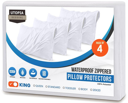 Utopia Bedding Set of 4 Waterproof Pillow Protectors with Zipper King Size (White), Ultra Soft Pillow Covers, Bed Bug and Dust Mite Proof Pillow Encasements, Moisture Wicking Pillow Cases