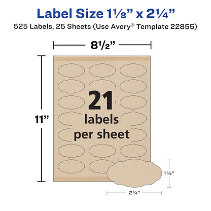 Avery Scallop Oval Labels for Laser & Inkjet Printers, 2-1/4" x 1-1/8", 525 Kraft Brown Labels (22855)