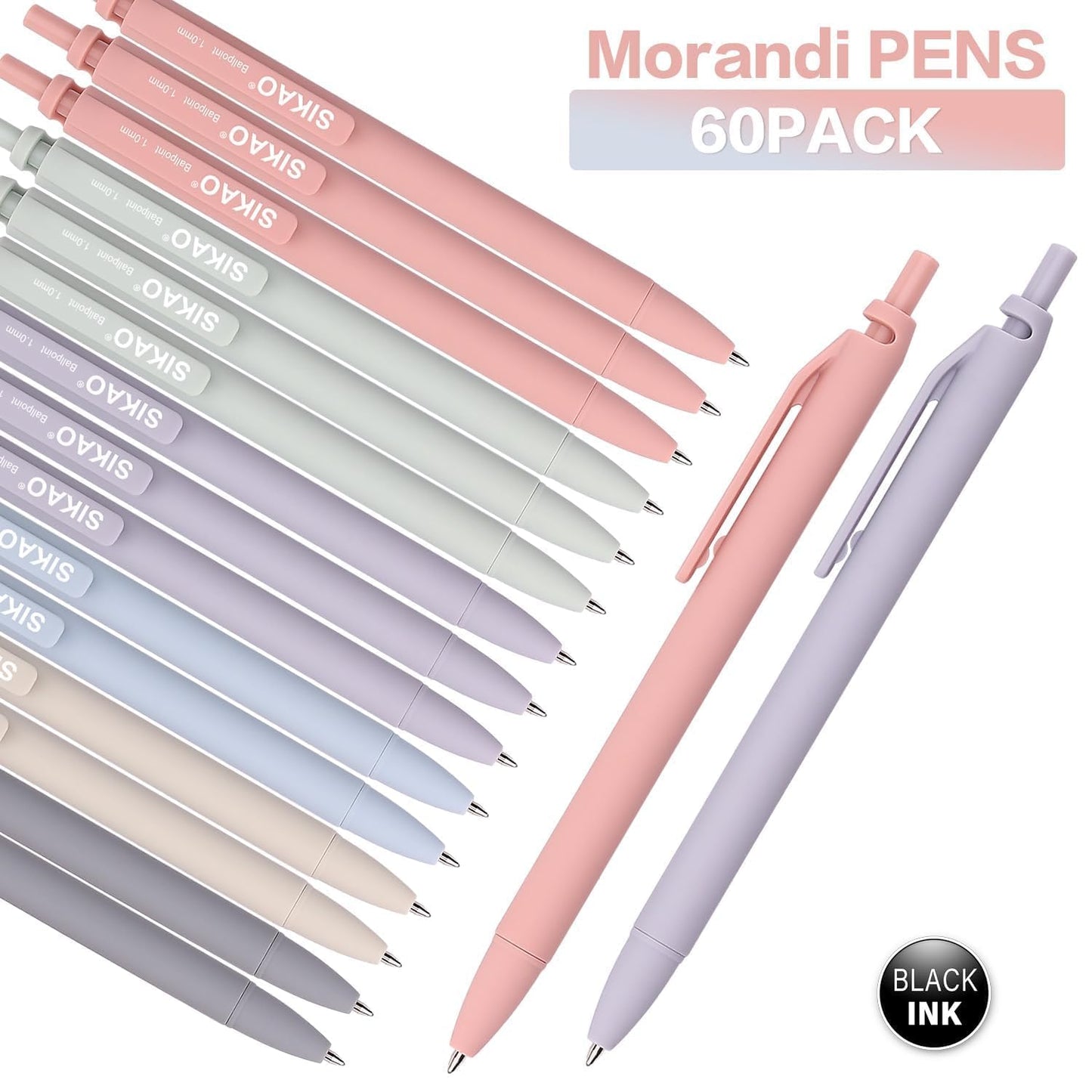 Sikao Morandi Pens Bulk 60 Pack – Smooth Writing 1.0mm, Click Ballpoint Pens with Black Ink, Aesthetic Soft Pens for School, Office, Journaling & Gift Use