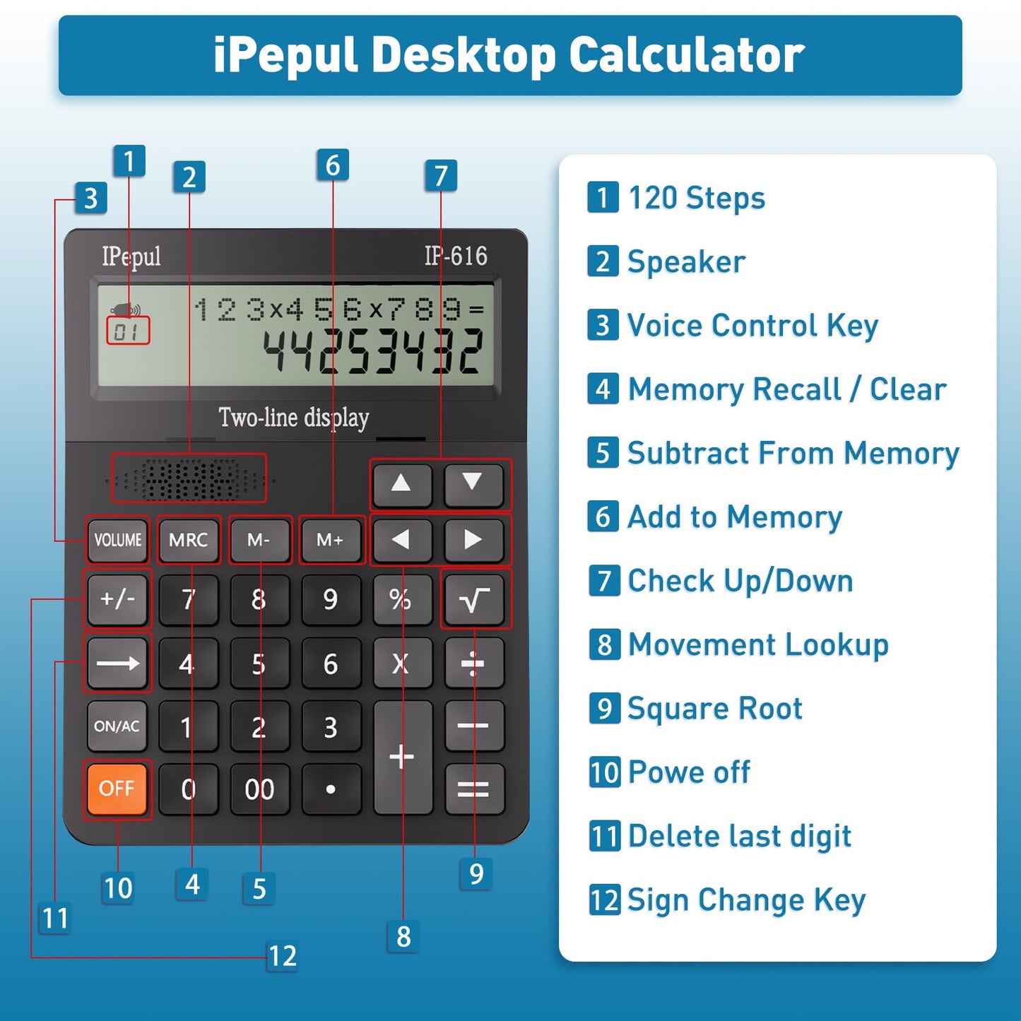 Calculators Desktop,Ipepul Talking Calculator with 2-line 12-Digits Large LCD Display and Large Button,4 Function Calculator for Business,Office,Store,School (Black)
