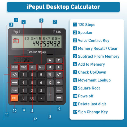 Calculators Desktop,Ipepul Talking Calculator with 2-line 12-Digits Large LCD Display and Large Button,4 Function Calculator for Business,Office,Store,School (Black)