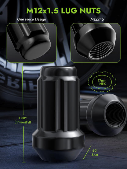 AUTOPTIM M12x1.5 Spline Lug Nuts - Replacement for Honda Accord CRV Civic Pilot Chevy Impala Malibu Acura Aftermarket Wheel, Black 20pc 6 Point Closed End Short Nuts with 1 Socket Key