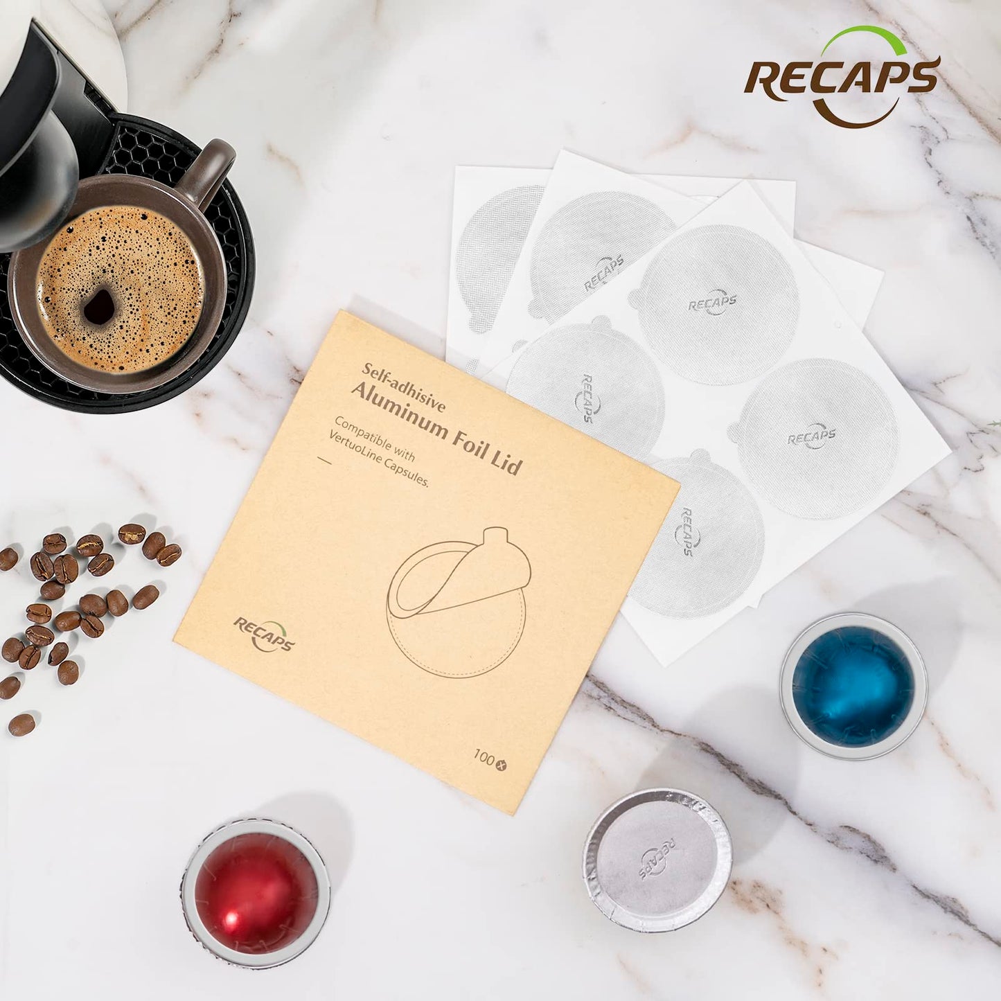 RECAPS Aluminum Foil Lids to Reuse Coffee Pods Reusable Coffee Filter Refillable Filter Compatible with Nespresso VertuoLine Vertuo 200 Pcs 62mm(Coffee Pods Excluded)