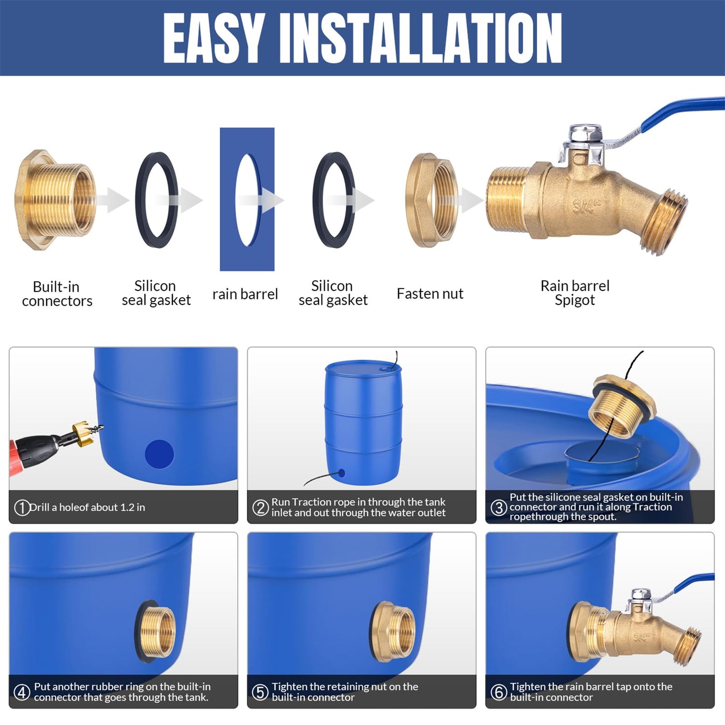 Brass Water Container Rain Barrel Faucets Lead-Free Spigot Kit 55 Gallon Water Tank Faucet,3/4" Inlet to 3/4" GHT Male Thread Outlet Suitable for Garden Hose Thread Connection