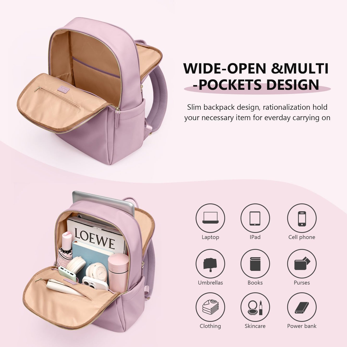 Women Laptop Backpack with Separate Laptop Compartment Fits 14 Inch Notebook Casual Daypack for Work Travel College Backpack Book Bags (Pinkish Purple)