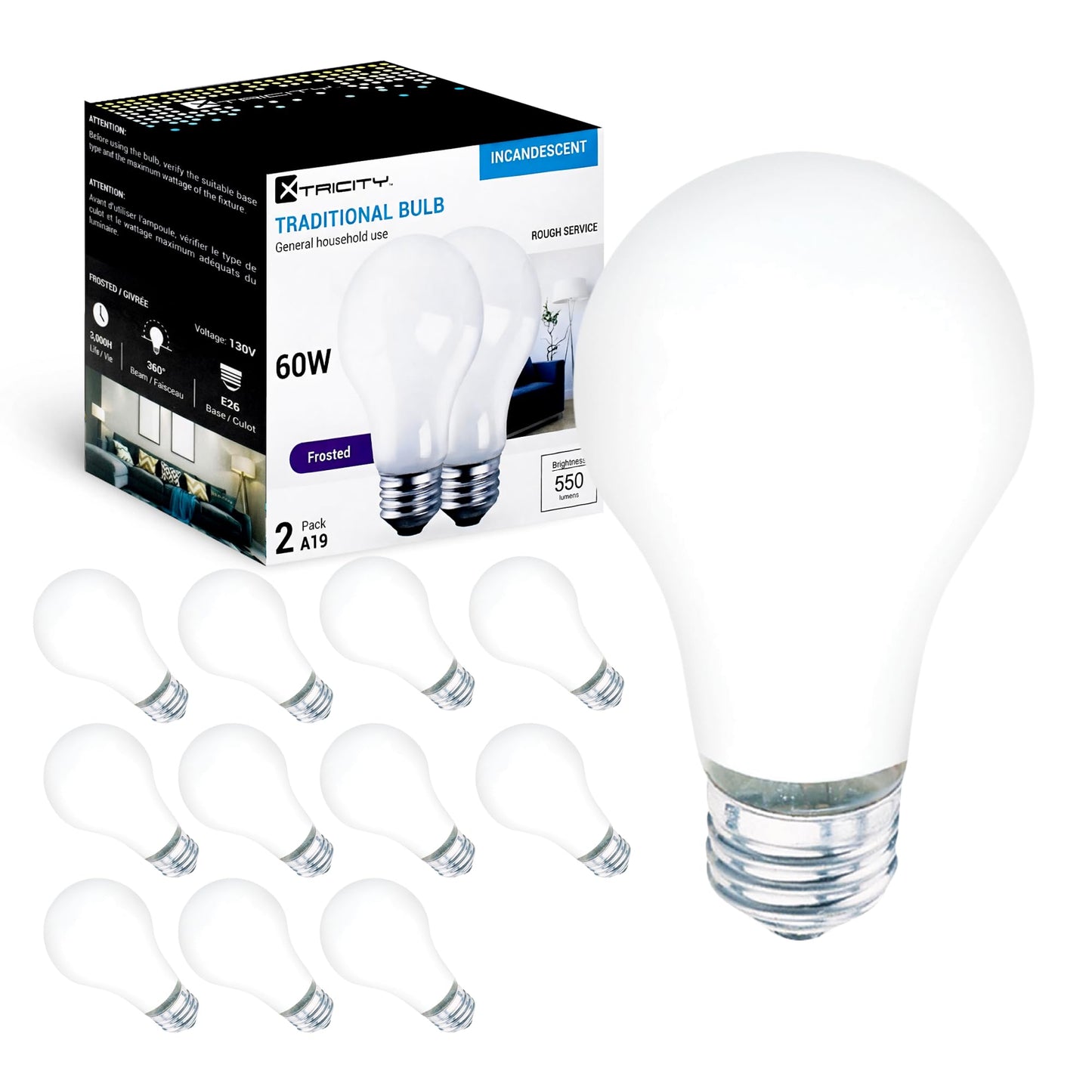 A19 Frosted Incandescent Rough Service Light Bulb, 60 Watt, Long Life - 3,000 Hours, 2700K Soft White, E26 Medium Base, 550 Lumens, 130V (12 Pack)
