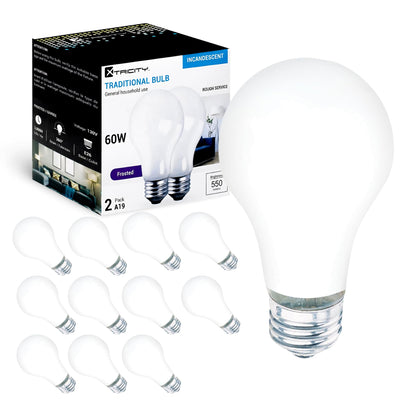 A19 Frosted Incandescent Rough Service Light Bulb, 60 Watt, Long Life - 3,000 Hours, 2700K Soft White, E26 Medium Base, 550 Lumens, 130V (12 Pack)