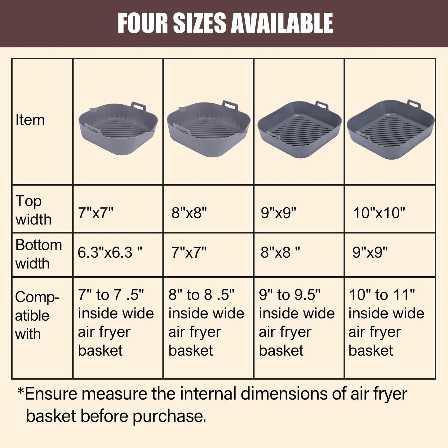 Golden Associate Silicone Liners Square for Air Fryer, 2 Pcs Non-stick Food-grade Reusable Basket Silicone Pot Baking Tray Airfryer Accessories, Top Size 10 inches, Bottom Size 9 inches