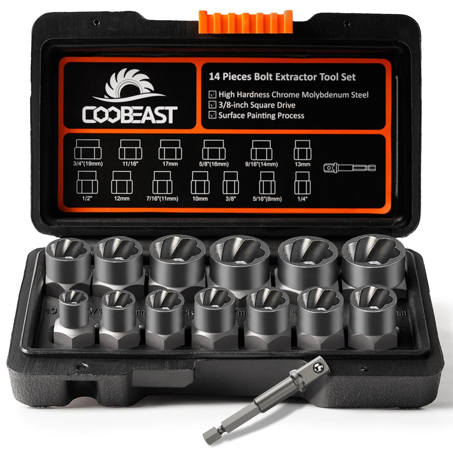 Coobeast Bolt Extractor Set Heavy Duty, 13Pcs Bolt Extractor Kit with 3/8 Inch Adapter, Stripped Lug Nut Remover, Easy Out Bolt Remover Set for Rusted, Rounded, Damaged Nuts Screws