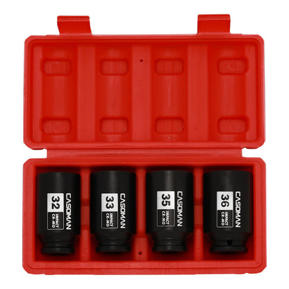 CASOMAN 1/2" Drive Deep Spindle Axle Nut Impact Socket Set, 6 Point, CR-MO,32,33,35,36mm, 4PC 1/2-Inch Impact Socket Set, Heavy Duty Use in Removing and Installing Axle Nuts