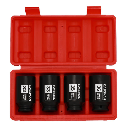 CASOMAN 1/2" Drive Deep Spindle Axle Nut Impact Socket Set, 6 Point, CR-MO,32,33,35,36mm, 4PC 1/2-Inch Impact Socket Set, Heavy Duty Use in Removing and Installing Axle Nuts