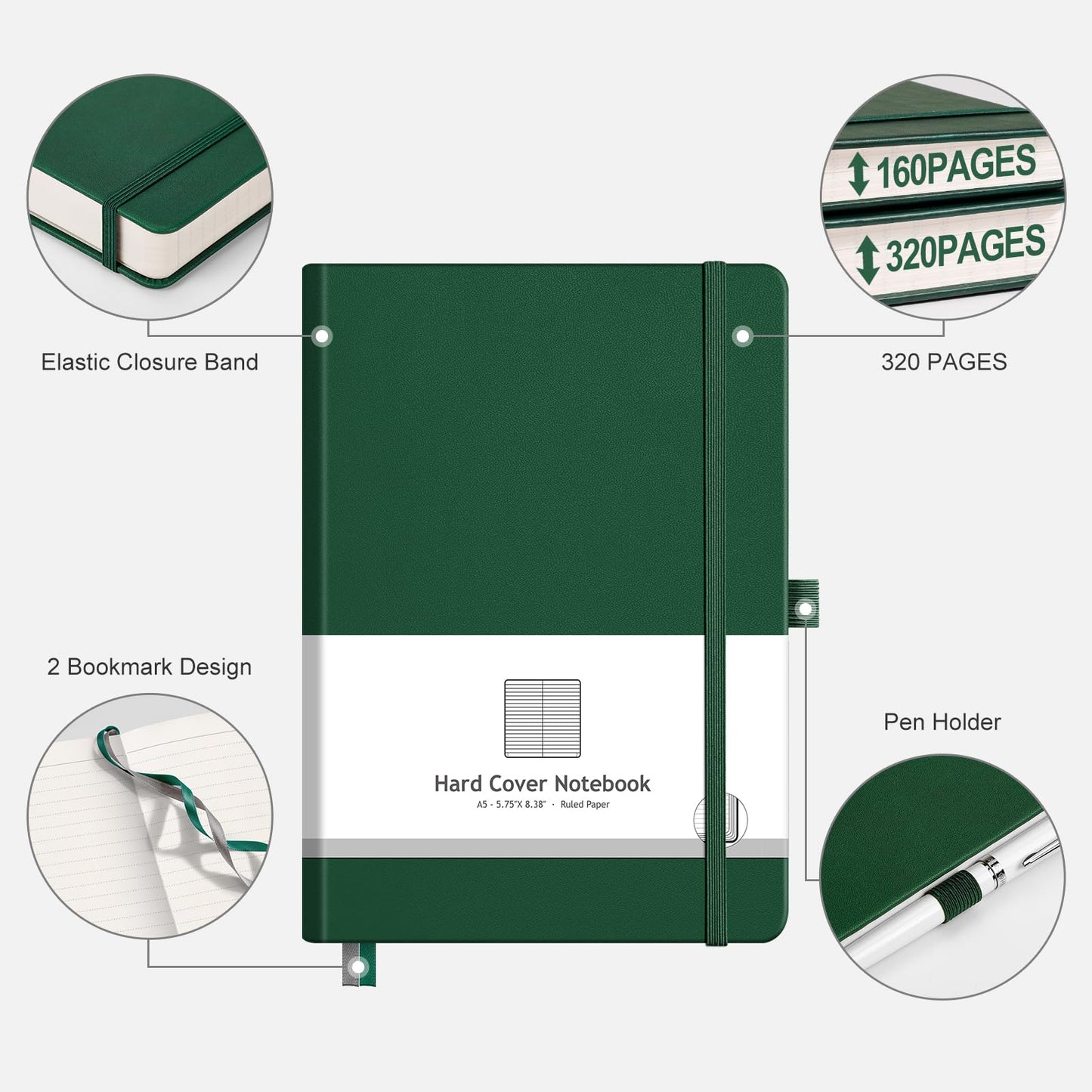 AHGXG Lined Journal Notebook for Work, A5 College Ruled Notebook with 320 Numbered Pages 100 GSM Thick Paper, Hardcover Leather Journal for Women Men Students, 5.7" x 8.3", Green