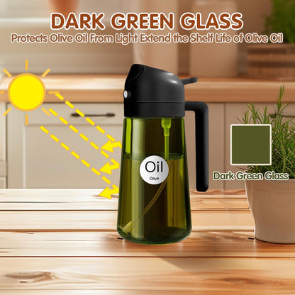 YARRAMATE 2PCS 16oz/470ml 2 in 1 Light Blockage Dark Oil Sprayer for Cooking, Food-Grade Green Glass Olive Oil Dispenser Bottle for Kitchen, Air Fryer, BBQ (Black & Green)
