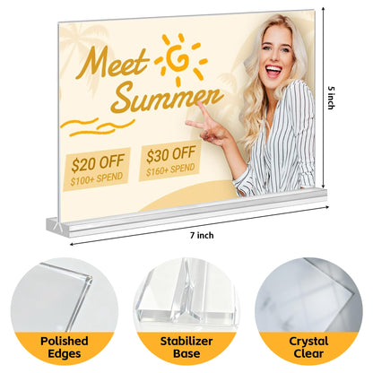 Acrylic Sign Holder 7x5 Horizontal, 6 Pack Double Sided Clear Table Menu Display,Table Top Picture Frame Plastic Stand, Suitable for Restaurants, Office, Store, Fair