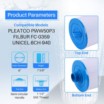TOREAD Replacement for Spa Filter Unicel 6CH-940, PWW50P3(NOT PWW50P4), Filbur FC-0359, 817-0050, 25252, 03FIL1400, 1 1/2" SAE Thread Screw in Filter (1)