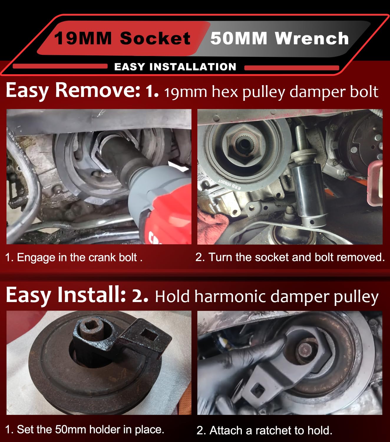 2pcs 77080 19 mm Harmonic Balancer Socket & 50mm Crank Pulley Wrench Holder for Honda Acura Engines