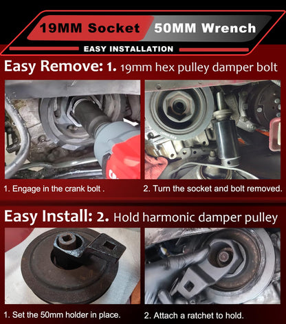 2pcs 77080 19 mm Harmonic Balancer Socket & 50mm Crank Pulley Wrench Holder for Honda Acura Engines