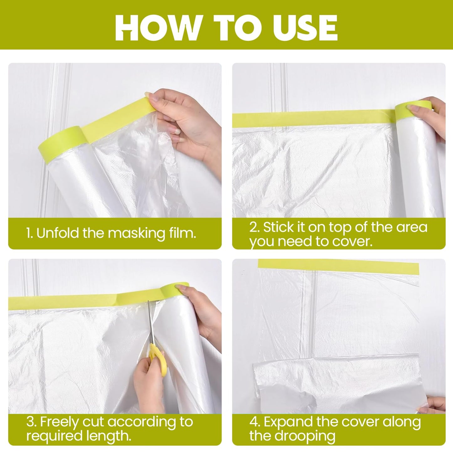 LLPT Tape and Drape 106.3”(Unfolded) x 66 Ft Each 2 Pack Pre-Taped Masking Film 0.31 Mil Painters Plastic Drop Cloth for Auto Wall Furniture Painting Protection (MFTG2720)