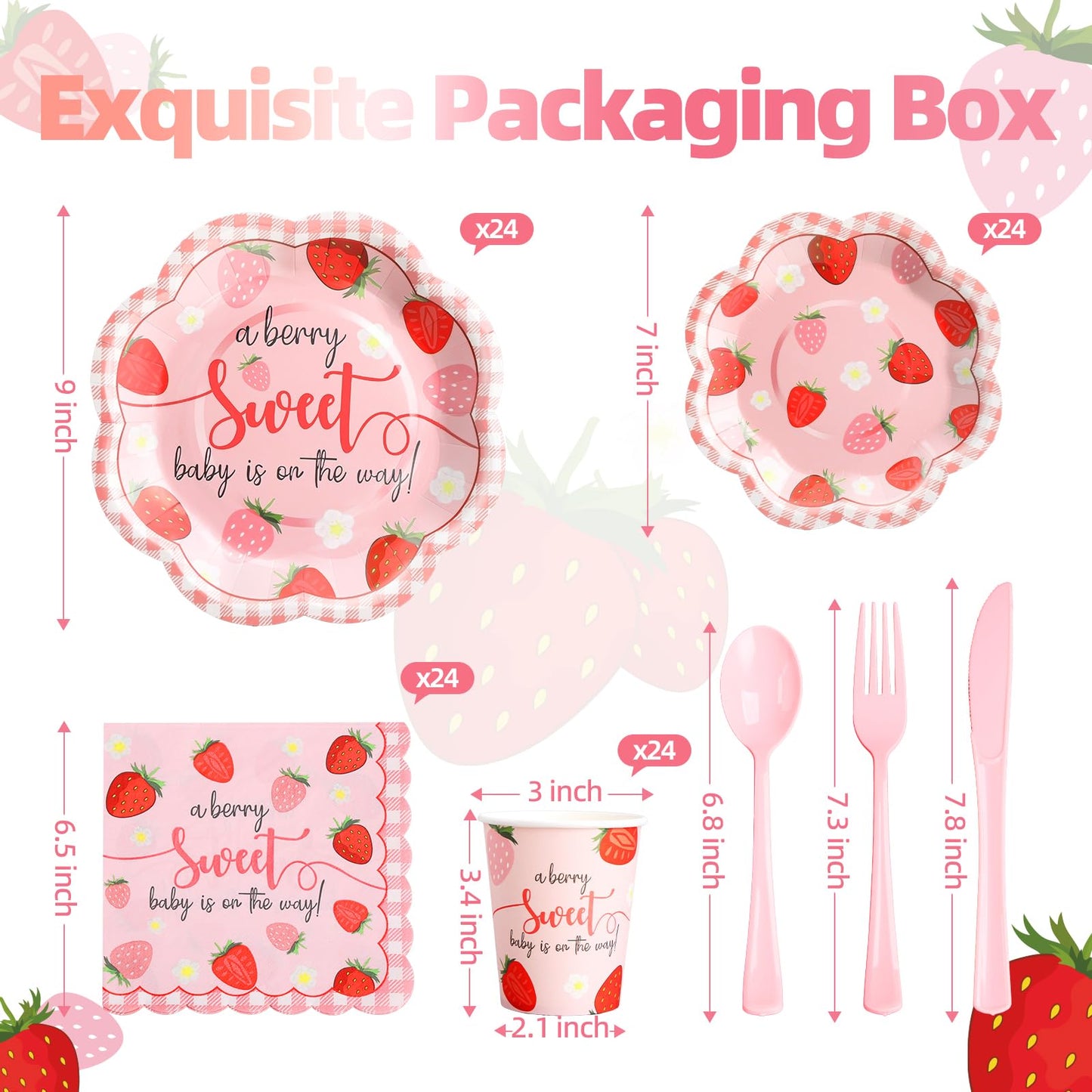Gudvilla Strawberry Baby Shower Decorations for Girl, Baby Shower Plates and Cups and Napkins Sets Serves 24, Strawberry Plates, A Berry Sweet Baby Is On The Way Decorations, Berry Sweet Party